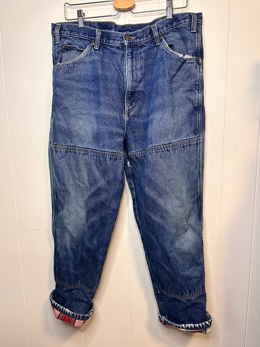 Relaxed Fit Mens Jeans Blue Denim Double Knee Flannel Lined Heavyweight Workwear